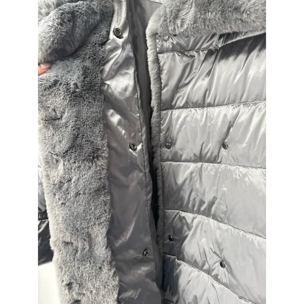 Martha Stewart Metallic Puffer Coat with Faux Fur Details Womens L Silver